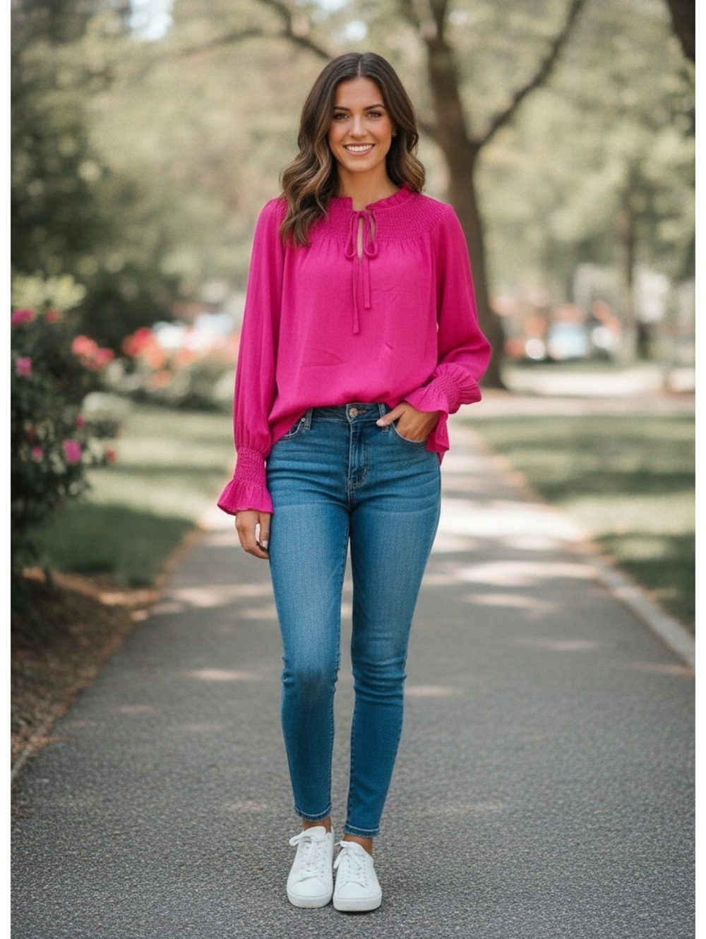 NWT Andrée by Unit Fuchsia Tie Smocked Neck and Sleeve Blouse S